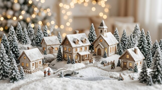 Charming christmas day village scene with snow and festive lighting