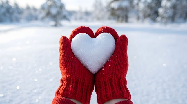 Heartfelt christmas moment snowy heart in red gloves on christmas day