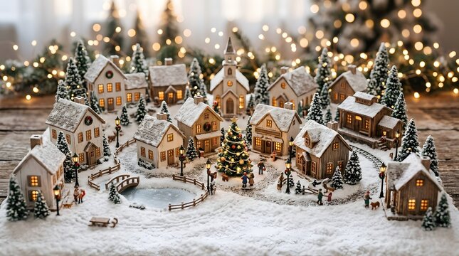 Charming christmas day village scene with miniature houses and lit tree
