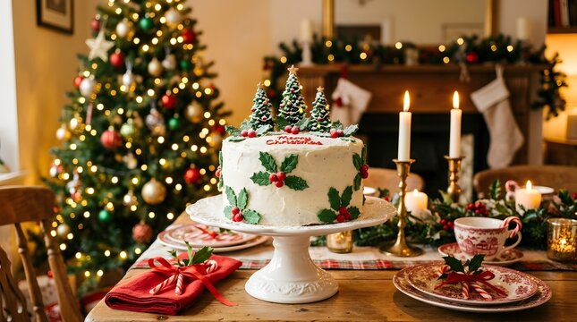 Merry christmas day celebration with decorated cake and tree