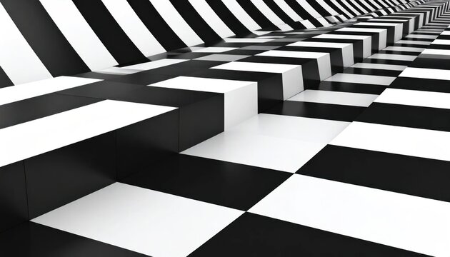 Abstract black and white checkered geometric stairs background.