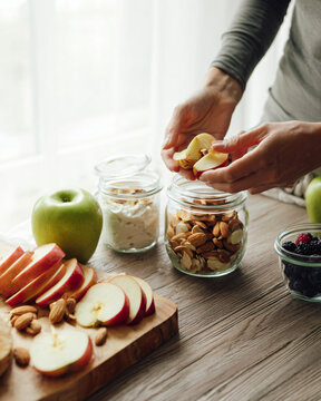 Close-up of hands preparing healthy afternoon snacks with sliced apples, almonds, yogurt and berries on a wooden table, minimalist composition, bright natural window light