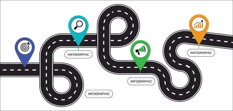 Business roadmap timeline infographic with four process steps, milestone journey, strategy workflow, and modern presentation layout template, vector, designs
