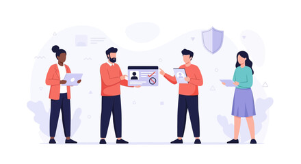Fototapeta premium Diverse team collaborating on digital profile verification and security measures with shield icon