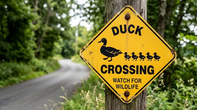 Yellow diamond-shaped warning sign with a silhouette of a duck and ducklings, indicating a duck crossing and advising to watch for wildlife on a rural road