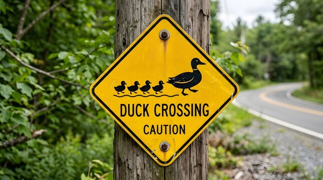 Yellow duck crossing warning sign mounted on wooden post by countryside road