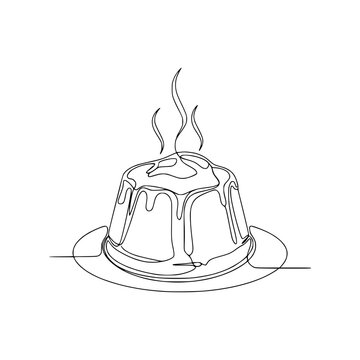 Minimalist continuous line drawing of a delicious hot pudding on a plate