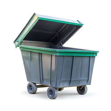 Large green industrial waste bin with open lid for commercial recycling and sanitation.