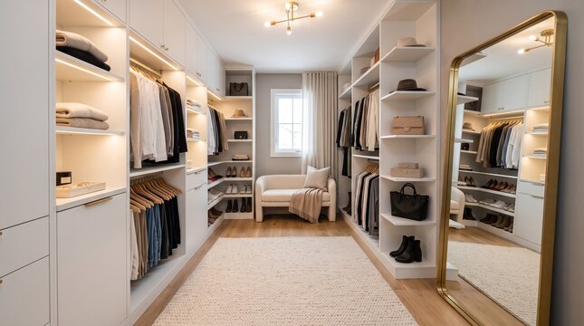 Beautifully organized walk-in closet with ample storage and stylish mirrored vanity