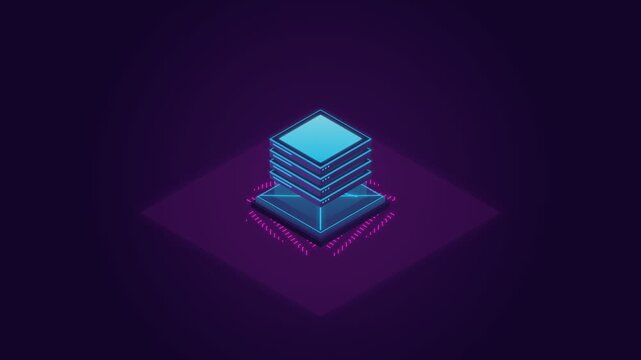 Abstract glowing server stacks on a purple background with a futuristic isometric design