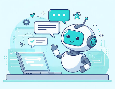 AI Chatbot Assistant with Laptop and Speech Bubbles, Artificial Intelligence Customer Support Vector Illustration