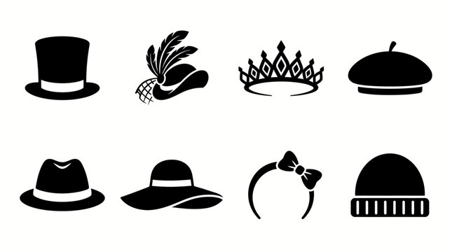 Set of Diverse Headwear Silhouettes Including Top Hat, Crown, Beret, Fedora, Sun Hat, and Winter Beanie Vector Icons