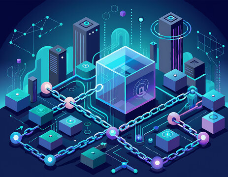 Blockchain Network Security and Decentralized Data Infrastructure with Smart Contracts, Digital Ledger and Cybersecurity Isometric Illustration