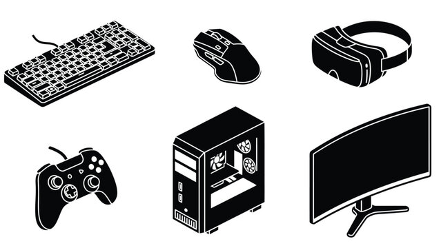 Collection of isometric icons representing modern computer gaming equipment and accessories.