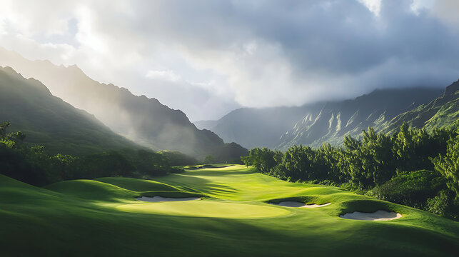 Scenic golf course fairway with golden sunlight rolling greens and mountain backdrop.