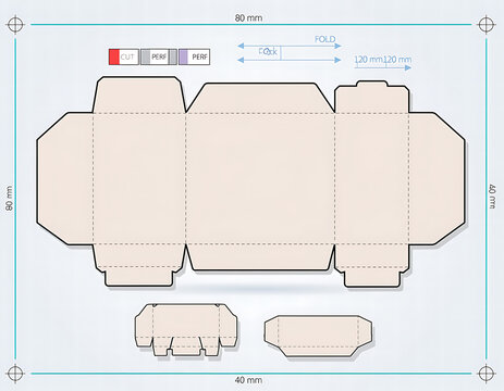 Template with Cut, Fold and Glue Lines, Technical Die Cut Layout for Paper Carton Packaging