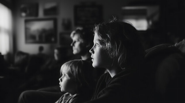 family watching TV together, mother and daughter