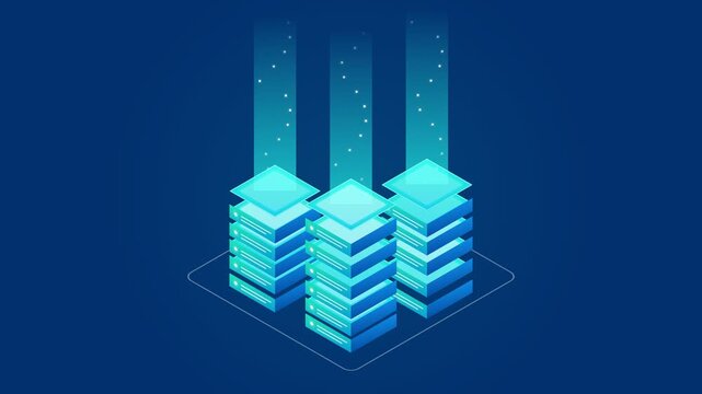 Isometric data center server stacks with digital information streaming beams for cloud computing technology and network infrastructure concepts