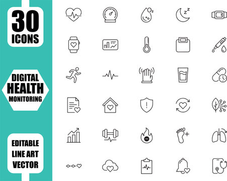 Digital health monitoring icon set featuring thirty editable line art vector symbols for medical tracking wellness apps smart technology and fitness.