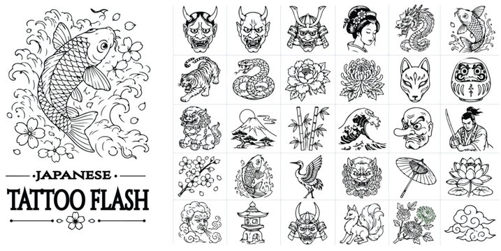 Japanese tattoo flash collection, traditional irezumi vector icons, set of 25 hand drawn oriental illustrations including koi fish and hannya mask