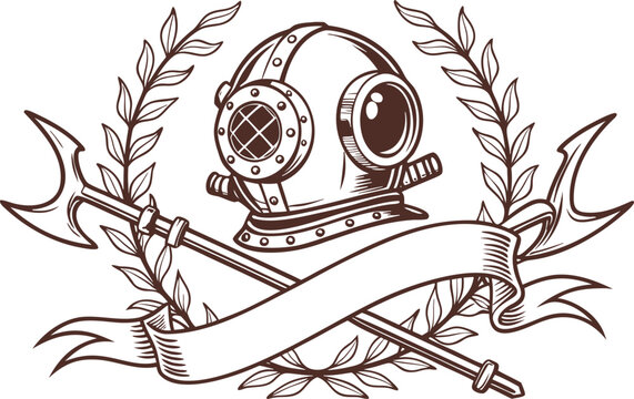 Historical diving helmet badge featuring a diver mask crossed with a halberd and laurel wreath nautical underwater