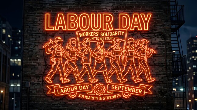 Bright orange neon sign showing various diverse professionals marching together in solidarity on a dark rustic textured brick wall background