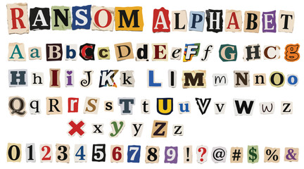 Ransom alphabet vector set, colorful cut out letters from newspaper and magazine, anonymous note typography with numbers and symbols for collage © preety