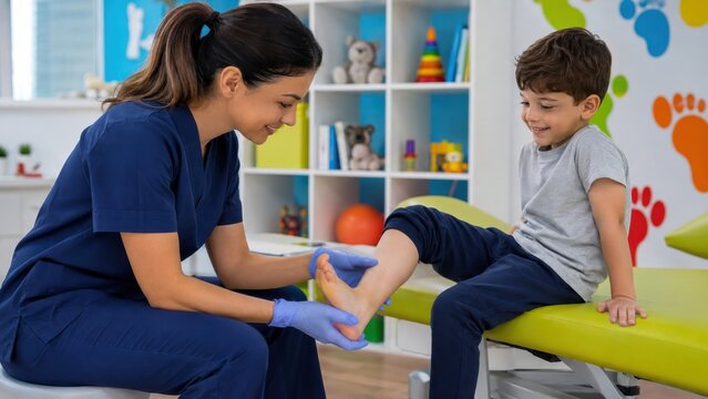 Podiatrist examining young boy's foot in pediatric clinic