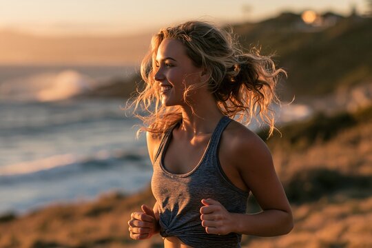 Athletic woman jogging along sunlit beach with ocean waves and soft golden light.