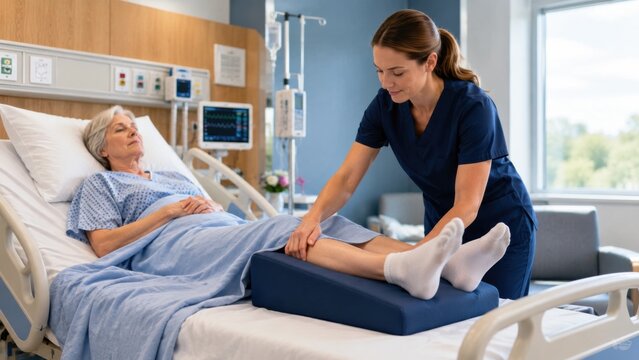 Nurse positioning leg elevation pillow under patient in hospital