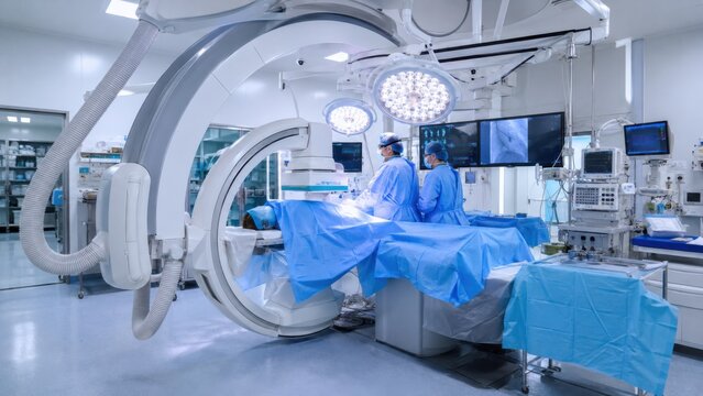 Surgeons performing procedure in modern hybrid operating room