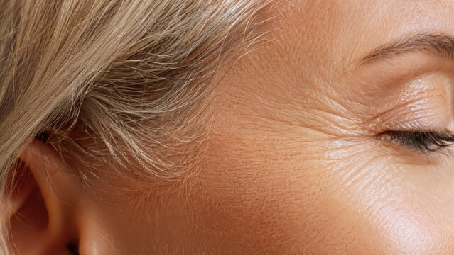 Macro shot of mature skin with fine lines and healthy radiance