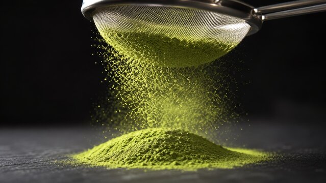 Matcha tea powder sifting through a mesh sieve