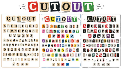 Ransom note cutout alphabet set, vintage newspaper letter clippings, colorful magazine paper cut font with numbers and symbols vector © preety