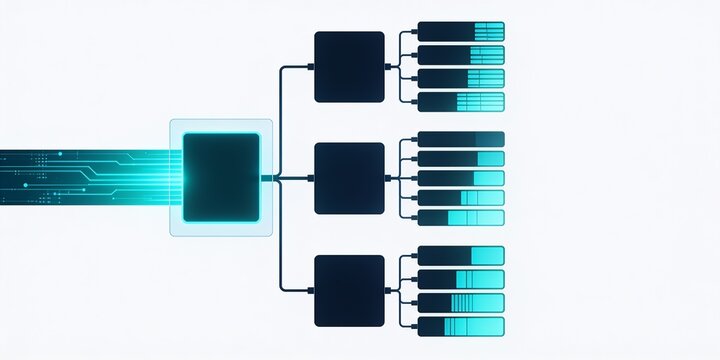 Enterprise resource allocation system with structured data routing into three destination groups on a clean white technology background