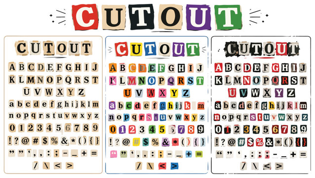 Ransom note cutout alphabet set, vintage newspaper letter clippings, colorful magazine paper cut font with numbers and symbols vector