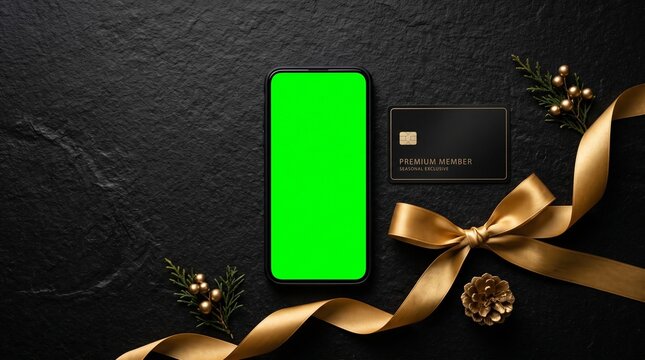Premium membership gift card and smartphone with green screen on dark textured background with golden ribbon and festive decor concept.