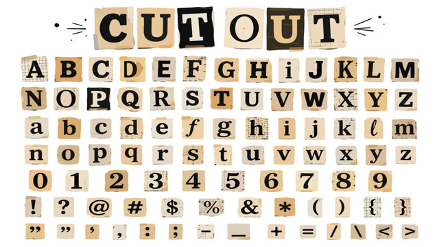 Vintage cutout alphabet vector set, ransom note style letters and numbers, paper collage typography for creative design and scrapbooking