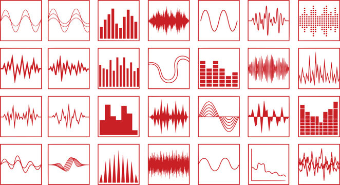 Red sound wave patterns in grid format representing audio data analysis with minimalist design