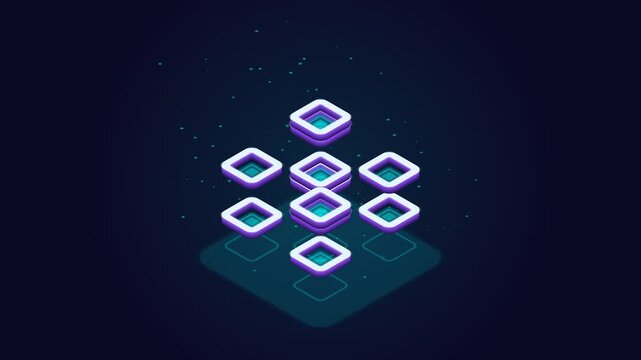 Isometric cyber network nodes representing big data processing and blockchain secure connection