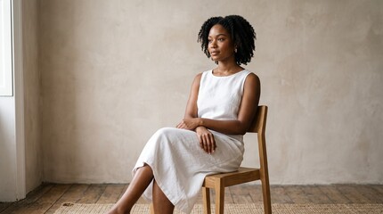Fototapeta premium Serene Black Woman in White Linen Dress Pensive Pose in Minimalist Studio with Copy Space concept.