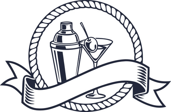 Cocktail shaker and martini glass in a rope circle frame with empty ribbon banner cocktail bartending beverage