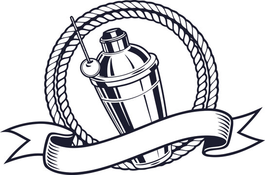 Cocktail shaker with cherry in a rope circle frame with empty ribbon banner cocktail bartending beverage template