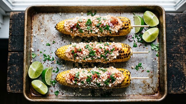 Top Down Flat Lay of Grilled Mexican Street Corn Elotes with Cotija Cheese and Lime