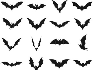 Fototapeta premium Halloween Bat Silhouettes Set Flying Black Bat Icons Collection Isolated on White Background