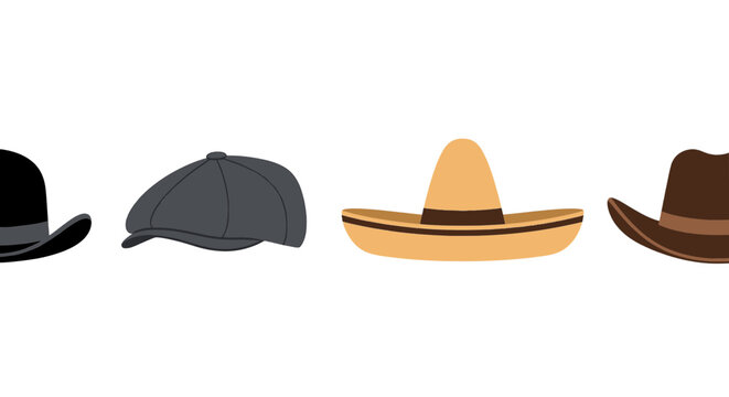 Vector set of various hat styles including bowler newsboy and cowboy