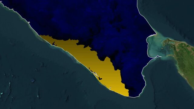 Kerala State Map Highlight Animation with Glowing Border on Satellite Terrain Background, Geographic Location Display for News Broadcast, Travel, Education, and Presentation Projects
