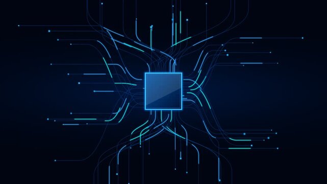 High-tech digital circuit board with central glowing processor unit and neural network connections on a dark background concept