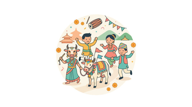 Nepali Children Celebrating Gai Jatra Festival with Decorated Cow and Traditional Attire