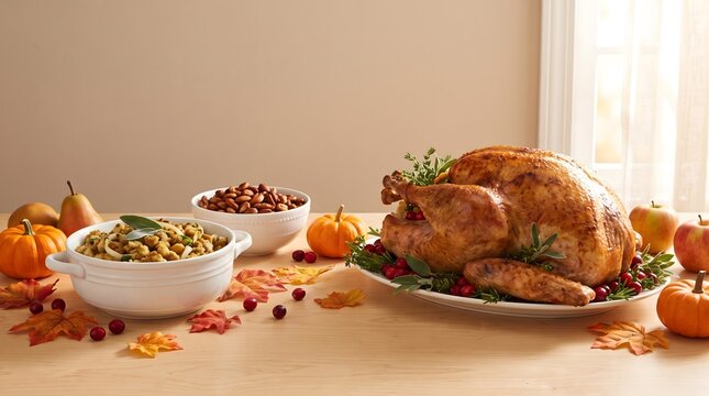 Thanksgiving dinner table with roasted turkey stuffing and fall decorations